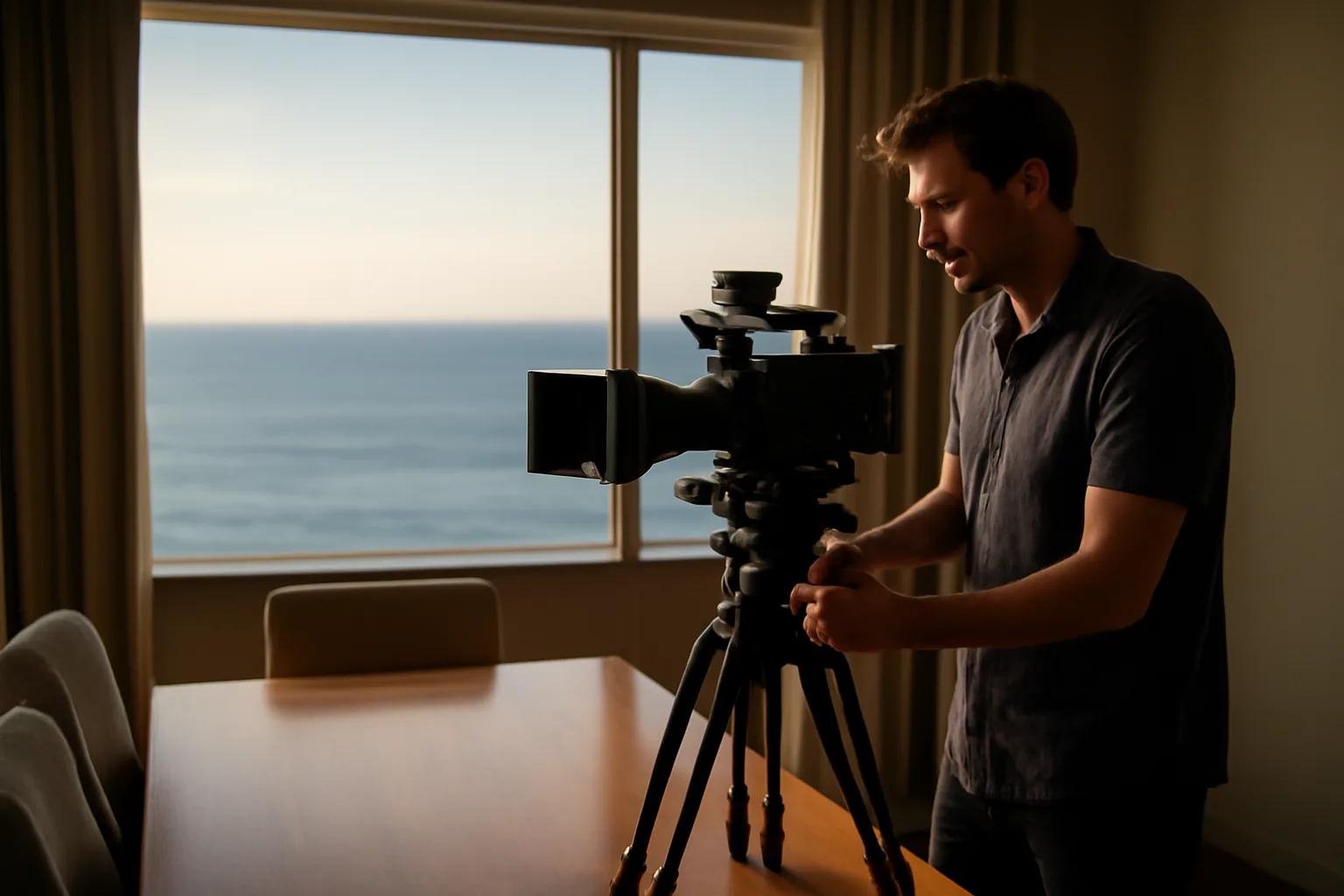 Legal videographer adjusts a tripod camera in a Honolulu office