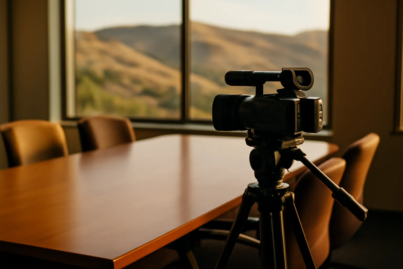 Camera on a tripod in a Boise room for legal videographer work